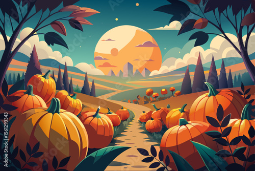 A pumpkin patch scene with leaves under a full moon vector illustration