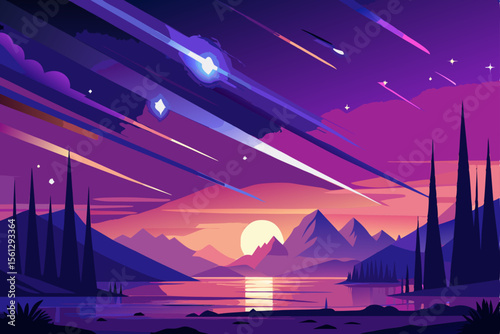 Shooting stars crossing an eerie purple night sky vector illustration