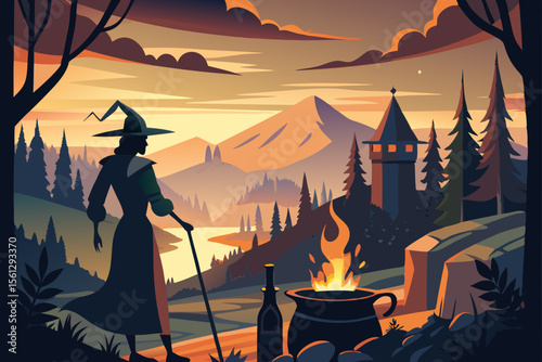 Silhouette of a witch stirring her cauldron at sunset vector illustration