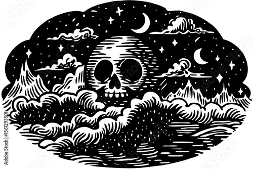 Clouds forming the shape of skulls in the evening sky vector illustration