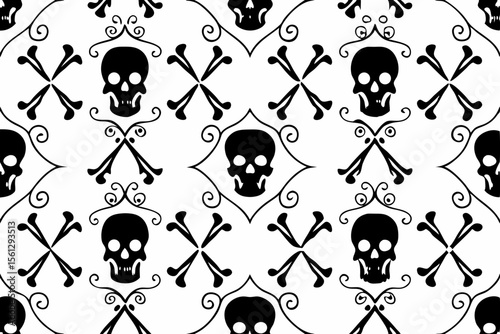 A skull and bones seamless pattern in a vintage style vector illustration
