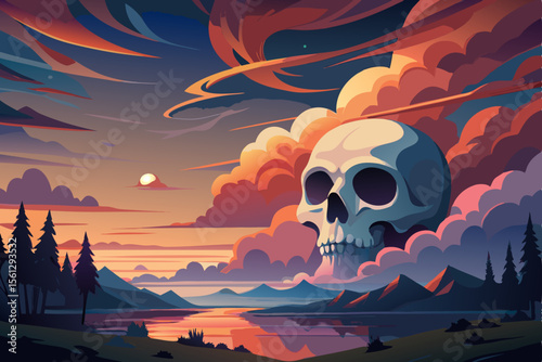 Twilight sky with eerie skull shaped clouds vector illustration