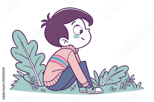 Young Boy Dreaming: A charming illustration depicts a young boy sitting amidst lush greenery, lost in a world of imagination and wonder. He is shown seated, lost in thought.