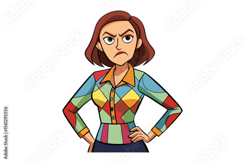 Cartoon woman with a stern expression and a colorful patchwork shirt hands on hips conveying disapproval or annoyance