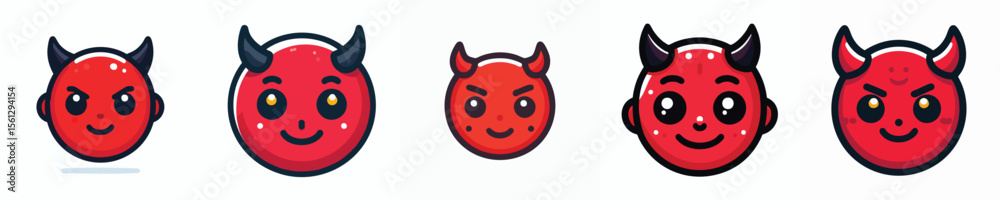 Fototapeta premium Cute Red Devil Emoji Set – Cartoon Chibi Demon Faces Collection