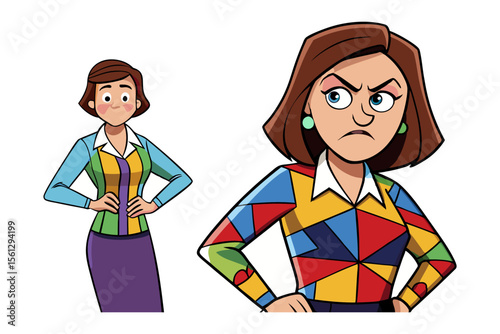 Two cartoon women in colorful geometric patterned outfits one looking stern and the other appearing neutral