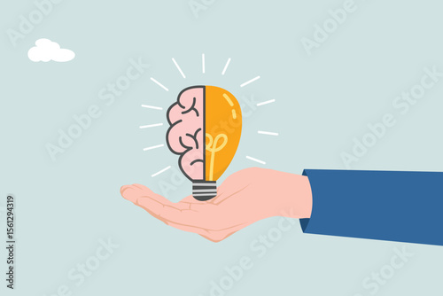 Hand holding a light bulb with half a brain for creative and intelligent thinking idea concept