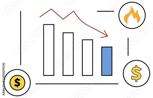 Downward Line Chart Illustrating Startup Cash Burn Over Several Months With Flame and Money Stack Icons in a Clean Flat Vector Style for Financial Risk Analysis