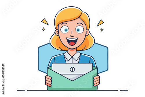 Excited woman with blonde hair holding an open envelope with a document inside featuring a number one symbol
