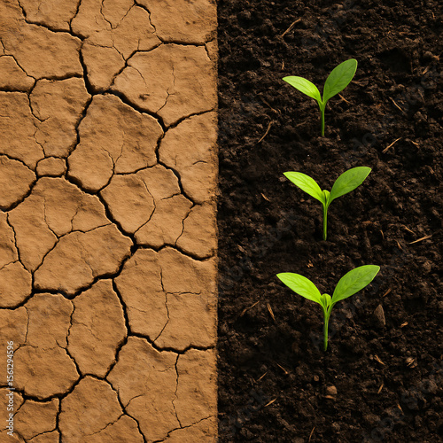 Contrast between cracked dry earth and dark fertile soil with fresh green sprouts growing