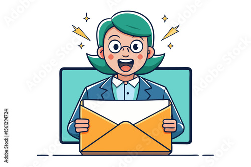 Excited woman in business attire holding an open envelope with stars and sparkles around her head
