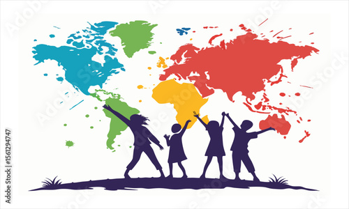 International Youth Day celebration with energetic silhouettes of children running and jumping