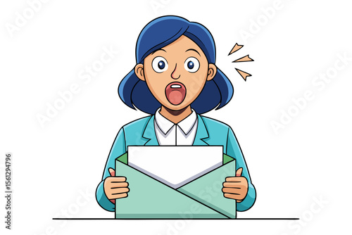 Surprised businesswoman in teal blazer opens envelope with shocked expression and wide eyes receiving unexpected news