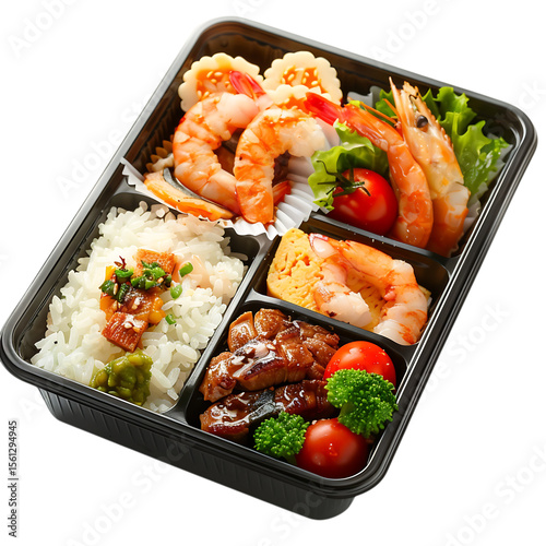 Delicious japanese bento box with shrimp chicken rice and vegetables isolated on transparent background