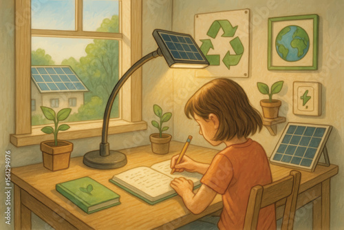 A vector-style boy studies by solar-powered desk near a window with panels, promoting renewable energy and sustainable learning environment.
