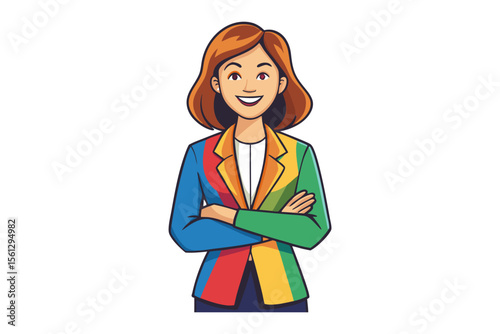 Smiling cartoon woman with auburn hair wearing a colorful patchwork blazer and arms crossed confidently against a white background