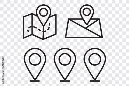 Map and location symbols set. Geolocation map distance path. Location icon. Location pin place marker. Pinpoint, map search, route, navigator. Vector illustration