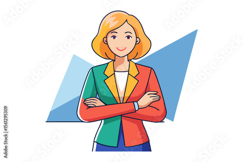 Confident woman in a colorful blazer with arms crossed standing against a blue geometric background