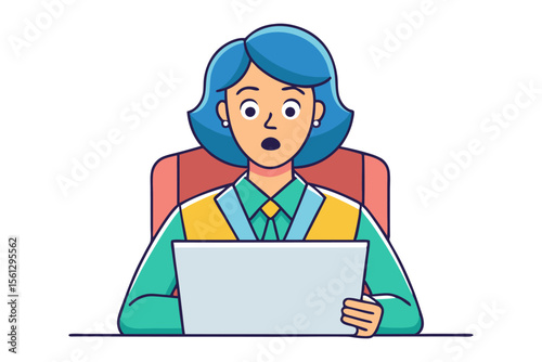 Surprised woman with blue hair sitting at a desk holding a laptop with an astonished expression on her face