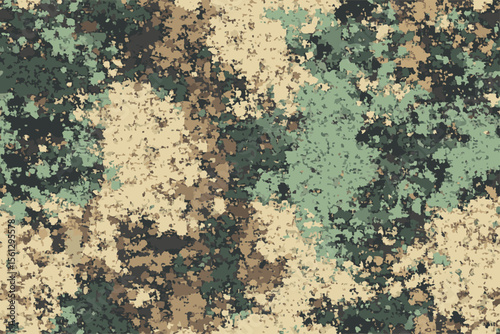 A flat, pixelated camouflage pattern with shades of green and brown.Seamless pattern. Abstract military or hunting camouflage background. Made from geometric square shapes. Vector illustration.