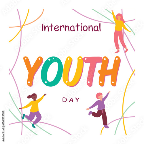 International Youth Day celebration with energetic silhouettes of children running and jumping