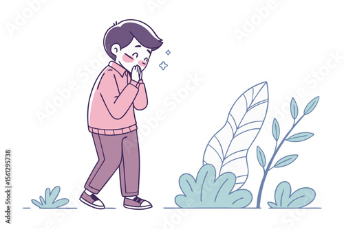 Hesitant Stroll: A cartoon illustration portrays a shy person walking outdoors, hesitating amidst soft-colored flora, their expression conveying a sense of anticipation.