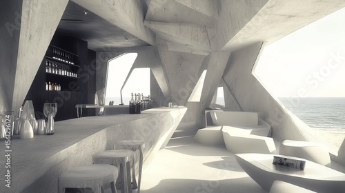 Geometric concrete bar with ocean view  featuring angular furniture and a minimalist design