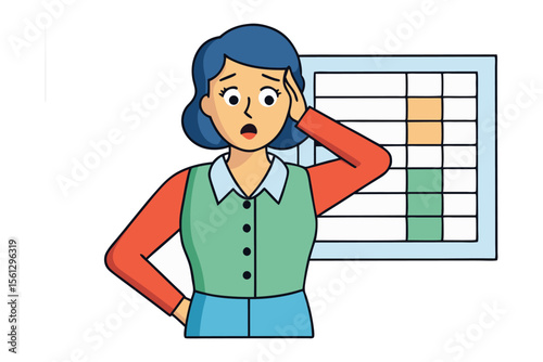 Stressed woman holding head near spreadsheet with poor performance data and negative trends