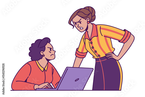 Angry boss scolding employee at desk with laptop conveying workplace conflict and disapproval in a stylized illustration