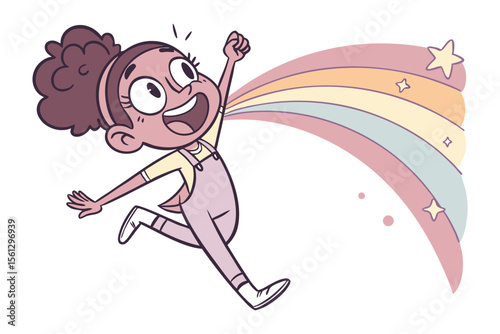 Girl with rainbow tail: An joyful girl with a rainbow tail jumping happily towards the sky.