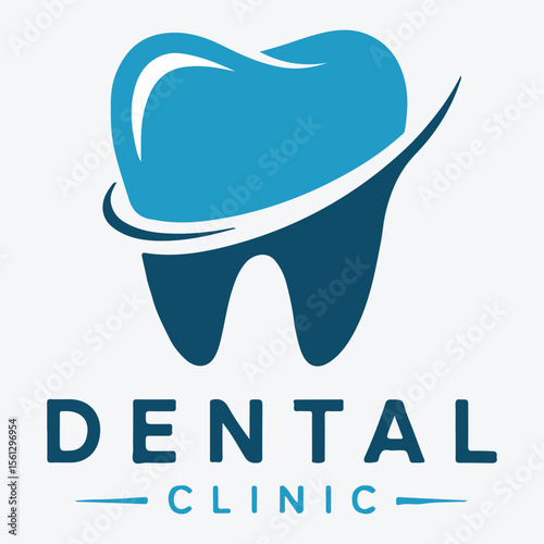 Dental clinic logo with a blue tooth and curved line design