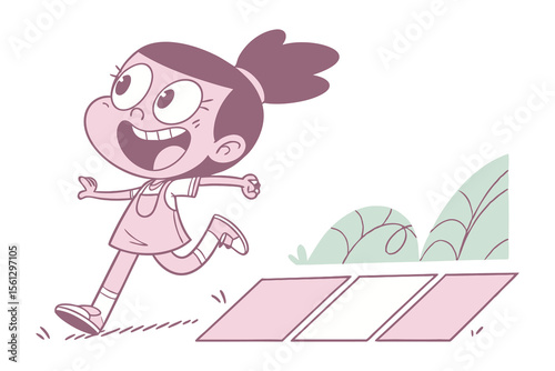 Bounding With Bliss: A spirited illustration of a girl joyfully leaping forward on a sunny day. Capturing the essence of youthful vitality.