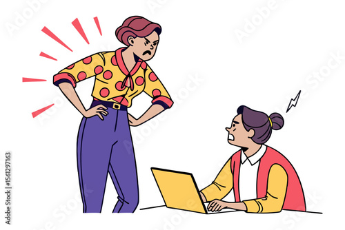 Angry boss yelling at employee working on laptop creating a stressful workplace environment with visible frustration