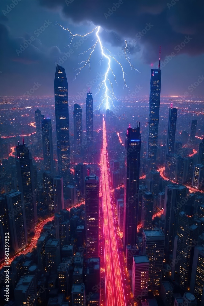 Fototapeta premium Futuristic City Nightscape Glowing Energy Conduits Power Clean, Sustainable Urban Metropolis