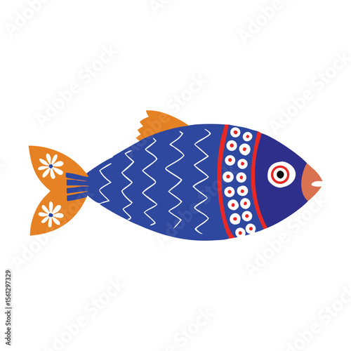 Blue Folk Art Fish with Orange Tail and Fins