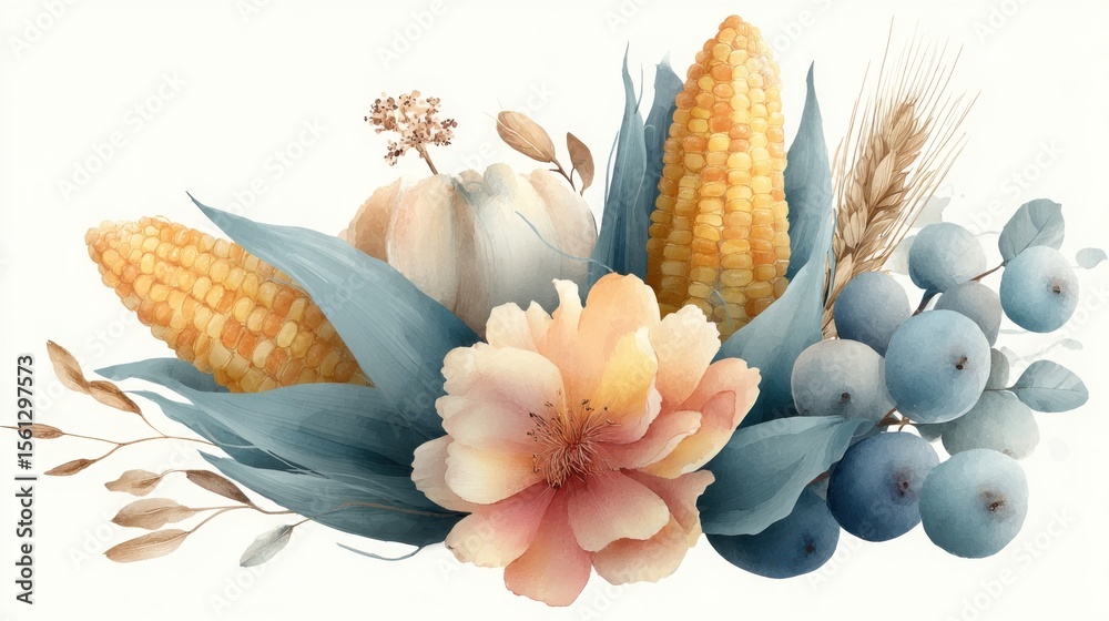 Obraz premium An artistic arrangement featuring corn, garlic, wheat, blueberries, and a soft peach flower with blue and beige leaves.