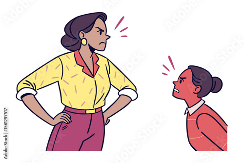 Angry mother and child confrontation with expressive faces and visible frustration lines symbolizing conflict and disagreement