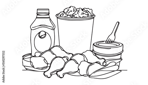 Continuous one single minimal line drawing chicken fry