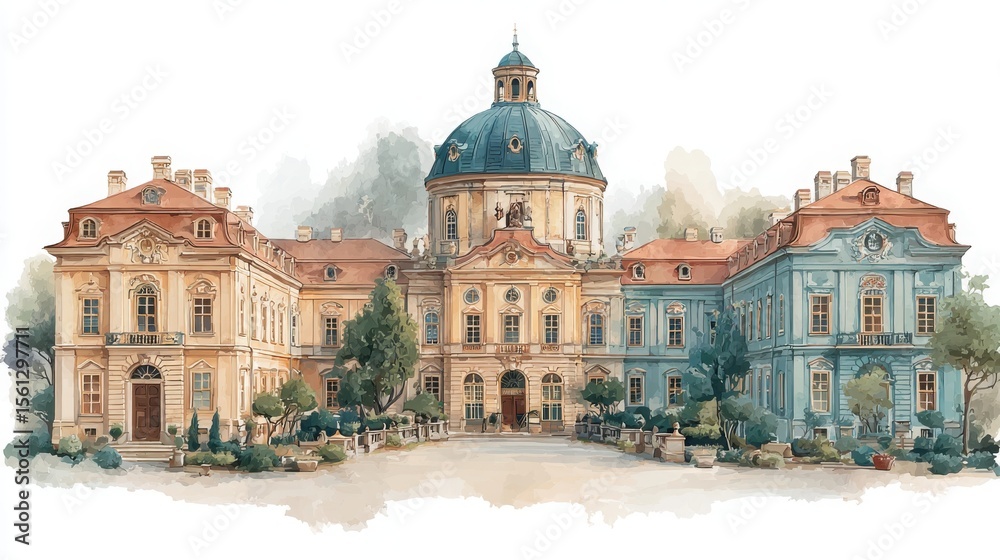 Fototapeta premium A detailed watercolor painting of a grand, classical European palace with a central dome and symmetrical wings surrounded by trees.