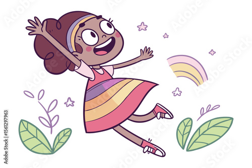 Joyful Spirit of a Child: a vibrant illustration that captures the essence of childhood innocence. a young girl in colorful attire skips merrily amidst whimsical elements such as rainbows and stars.