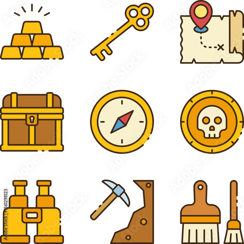 Treasure Hunt Icons Gold, Map, Key, Compass, Pirate