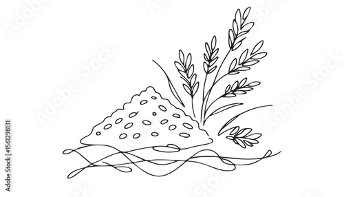 Continuous one single minimal line drawing rice plant