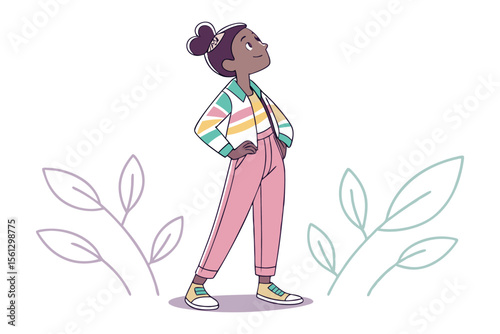 Girl with Dreams: A stylish young girl gazes upwards, her hands on her hips, exuding confidence and dreams. Pastel colored clothing and leaves add a touch of whimsy. 
