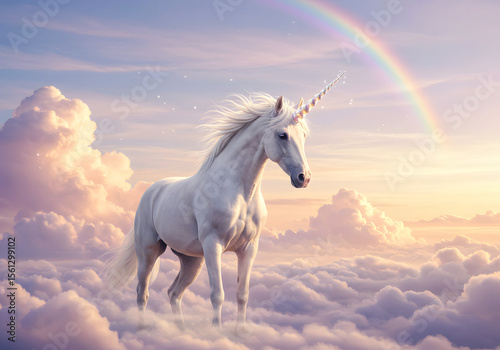 Majestic Unicorn in Cloudy Sky with Rainbow - Fantasy Animal Illustration.