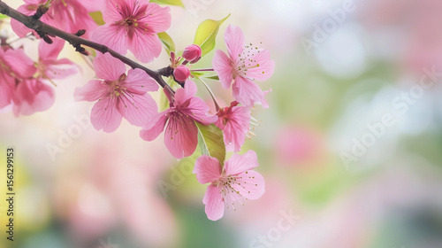 Cherry blossom in full bloom. Cherry flowers in branch. Focus on center flower cluster.