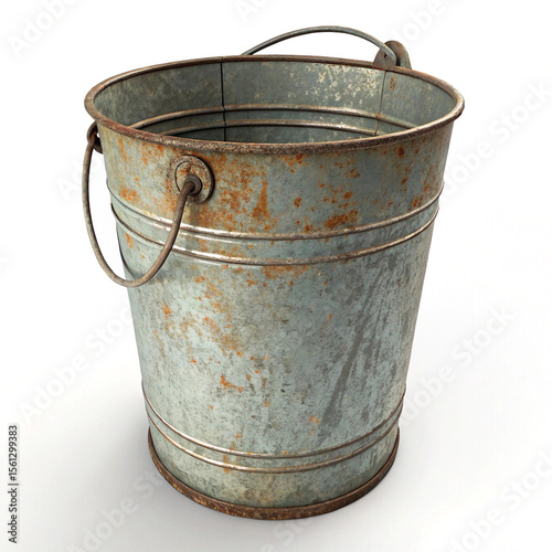 Weathered Metal Bucket with Handle, Showing Signs of Rust and Wear, on a Clean isolated on white background