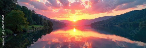 Serene Sunset Landscape Tranquil Lake Reflecting Vibrant Colors Amid Lush Green Hills and Trees. Ideal for travel, nature, and relaxation themes.  Beautiful tranquility and majestic scenery.