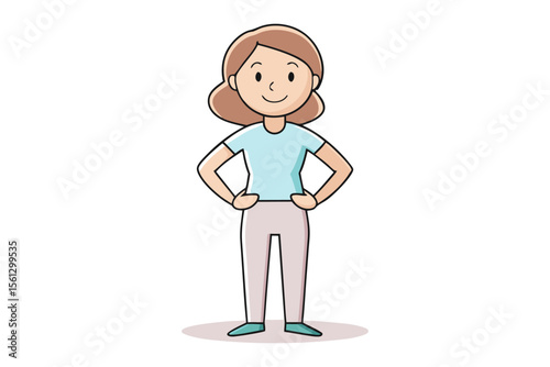 Confident Woman's Casual Pose: A friendly illustration of a woman standing confidently with hands on hips, radiating a warm and approachable persona. This image showcases ease and friendliness.