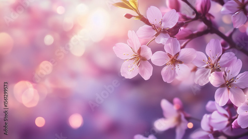 Cherry blossom in full bloom. Cherry flowers in branch. Focus on center flower cluster.