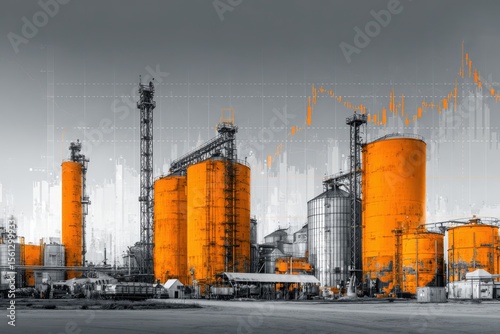 Industrial complex with large orange storage tanks and metal structures under a gray sky, symbolizing manufacturing and production processes.